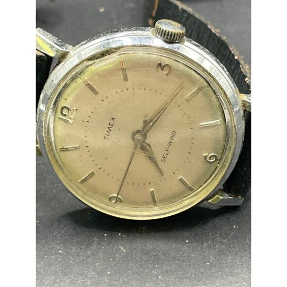 Vintage Timex Viscount Self Wind Watch White Dal Black Leather Band 36mm main image 12